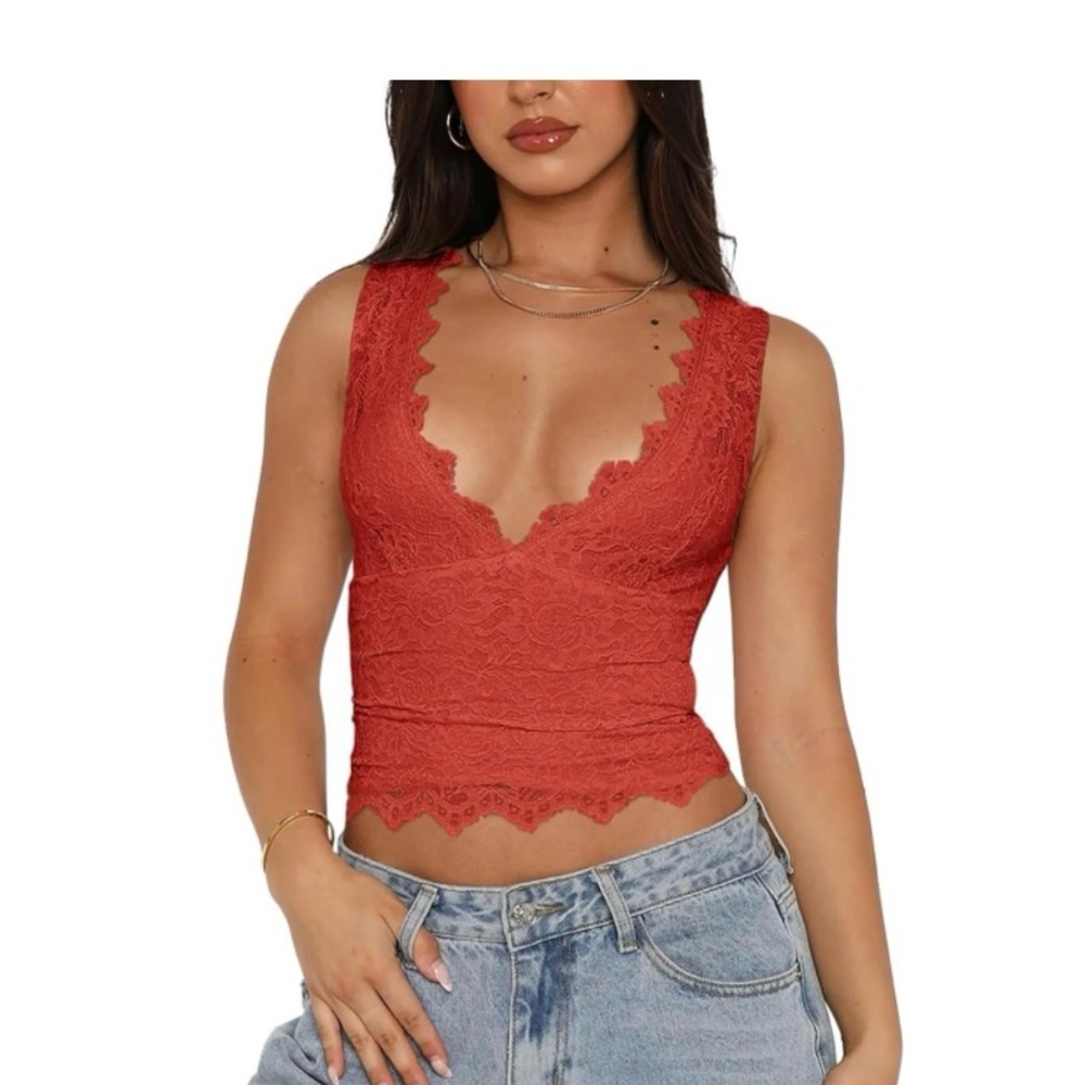 New Medium REORIA Womens Sexy V-Neck Double Lined Going Out Y2K Trendy Lace Crop